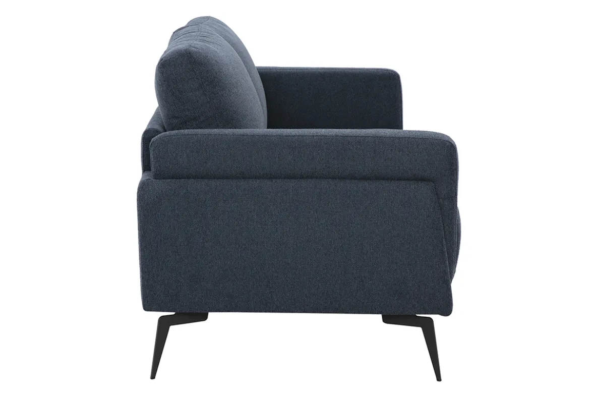 Canapé design 2 places en tissu effet velours texturé bleu foncé et métal noir MOSCO