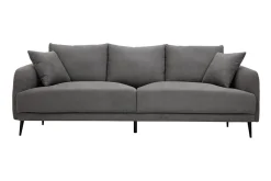 Canapé design 3 places en tissu effet velours gris et métal noir JERRY
