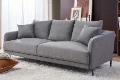 Canapé design 3 places en tissu effet velours gris et métal noir JERRY