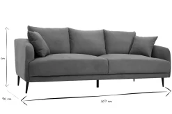 Canapé design 3 places en tissu effet velours gris et métal noir JERRY