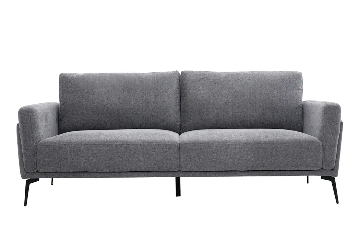 Canapé design 3 places en tissu effet velours texturé gris et métal noir MOSCO