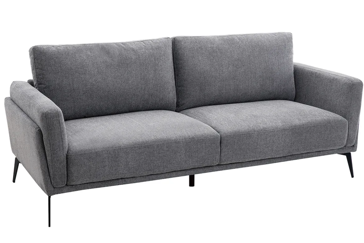 Canapé design 3 places en tissu effet velours texturé gris et métal noir MOSCO