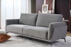 Canapé design 3 places en tissu effet velours texturé gris et métal noir MOSCO
