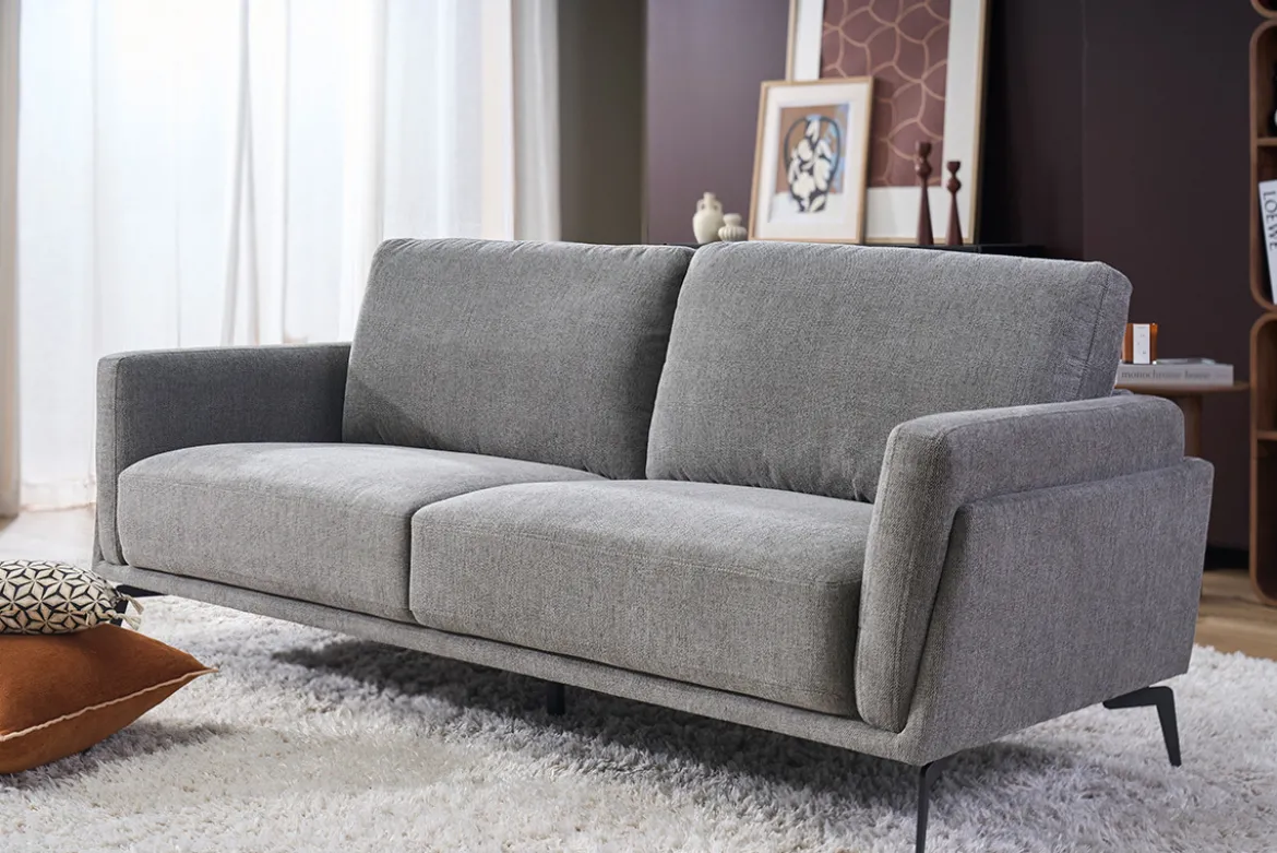 Canapé design 3 places en tissu effet velours texturé gris et métal noir MOSCO