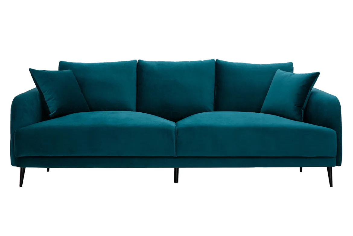 Canapé design 3 places en tissu velours bleu pétrole et métal noir JERRY