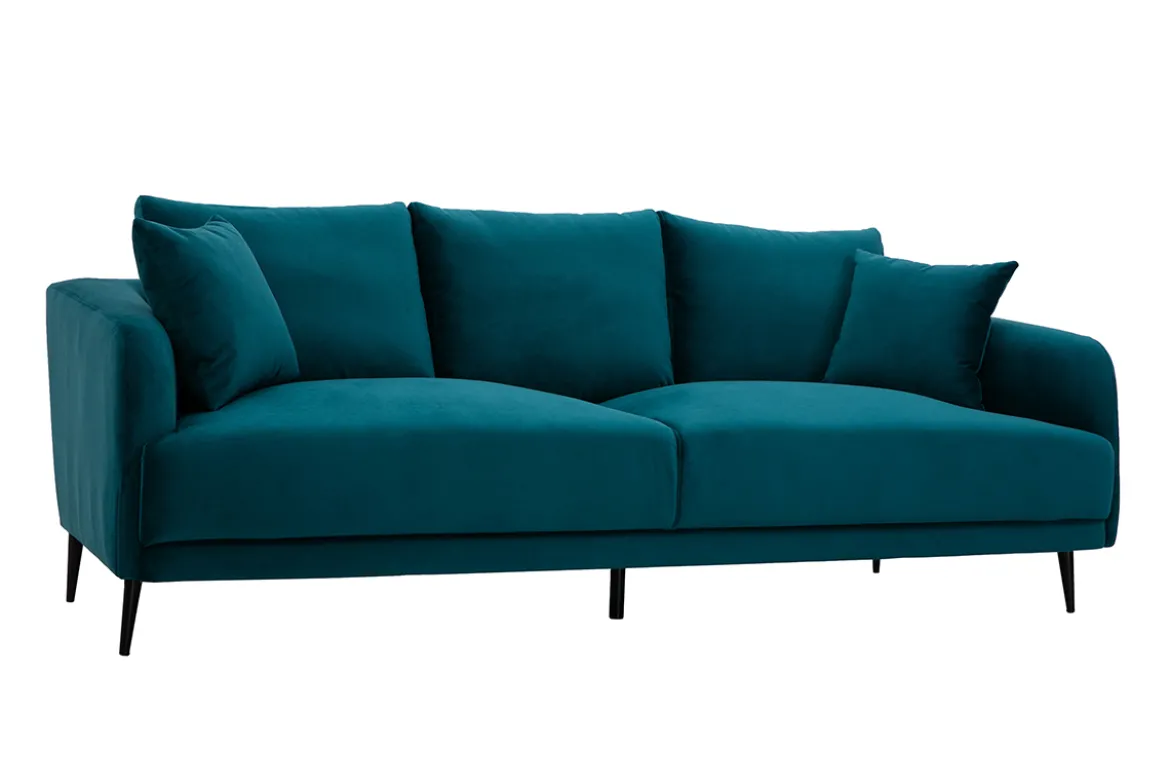 Canapé design 3 places en tissu velours bleu pétrole et métal noir JERRY
