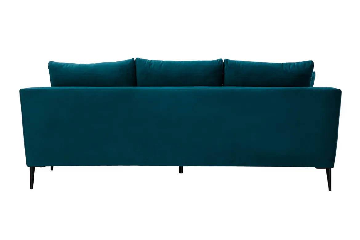 Canapé design 3 places en tissu velours bleu pétrole et métal noir JERRY