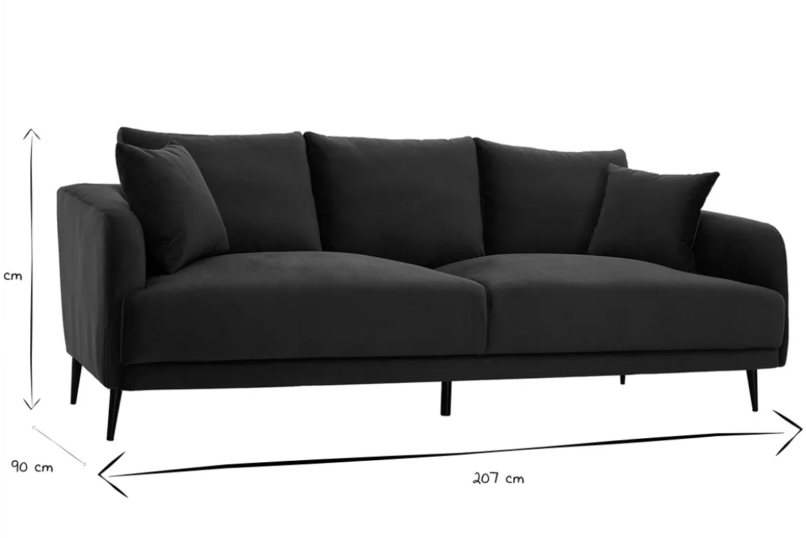 Canapé design 3 places en tissu velours bleu pétrole et métal noir JERRY