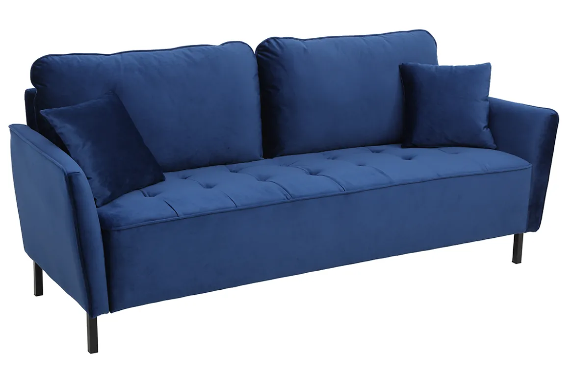 Canapé design 3 places en tissu velours bleu foncé et métal noir BEKA