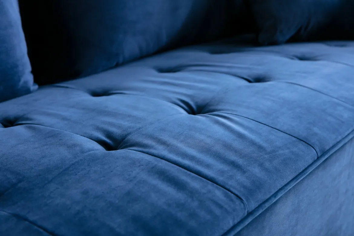 Canapé design 3 places en tissu velours bleu foncé et métal noir BEKA