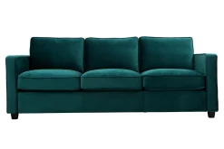 Canapé design 3 places en tissu velours bleu pétrole et bois noir BROOKLYN