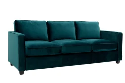 Canapé design 3 places en tissu velours bleu pétrole et bois noir BROOKLYN