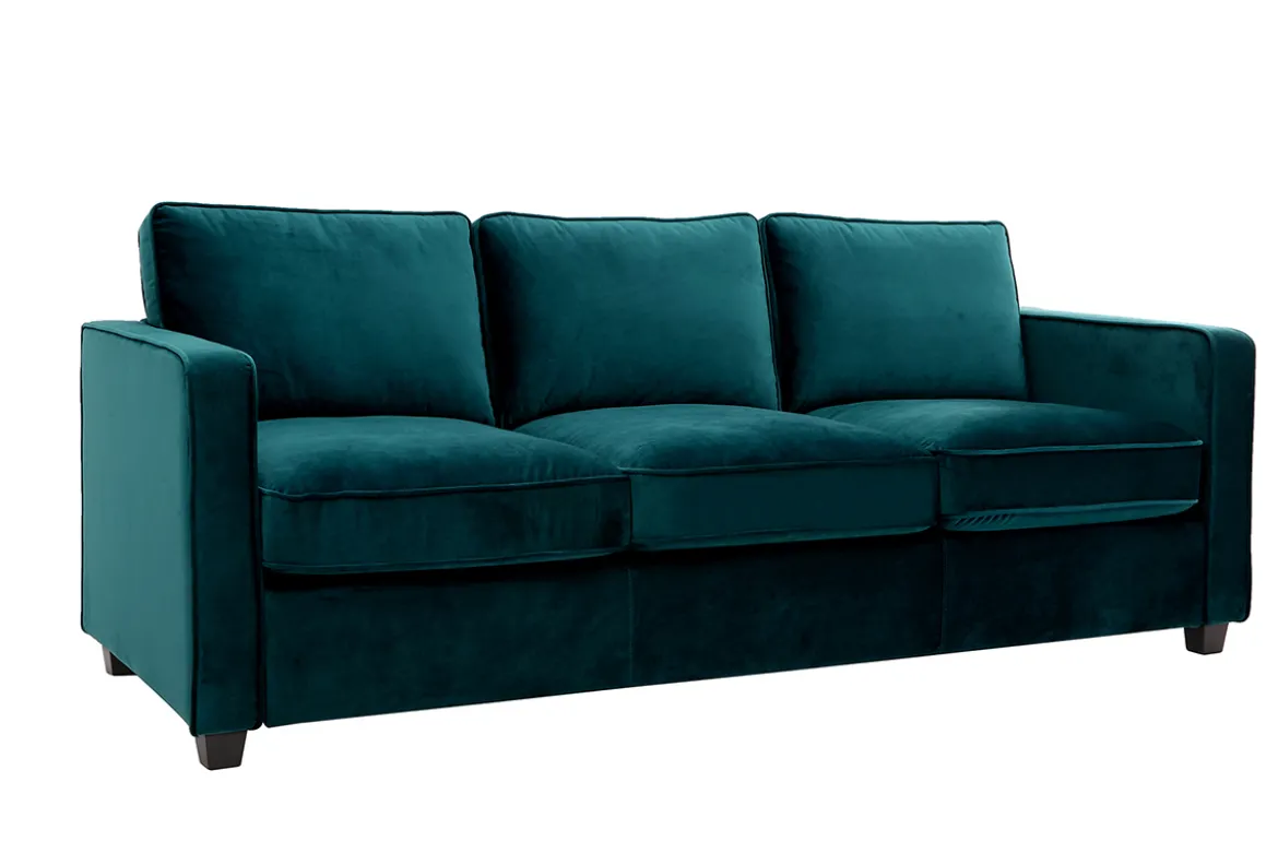 Canapé design 3 places en tissu velours bleu pétrole et bois noir BROOKLYN