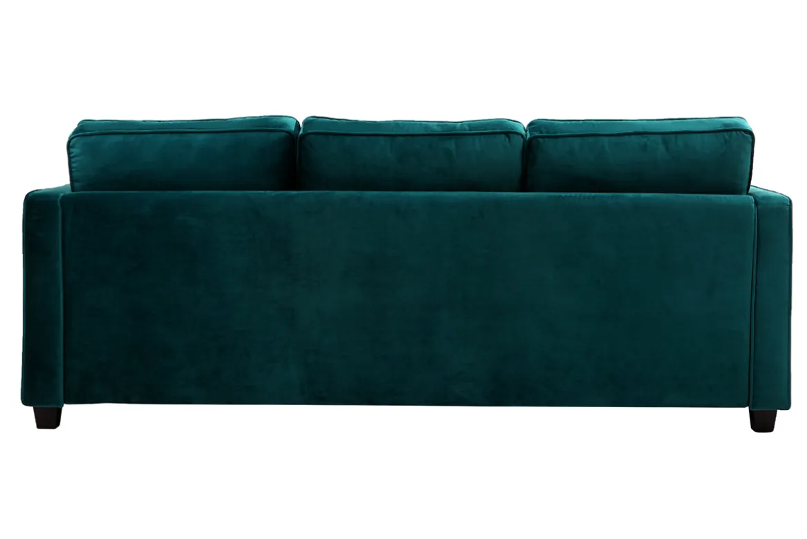 Canapé design 3 places en tissu velours bleu pétrole et bois noir BROOKLYN