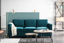 Canapé design 3 places en tissu velours bleu pétrole et bois noir BROOKLYN