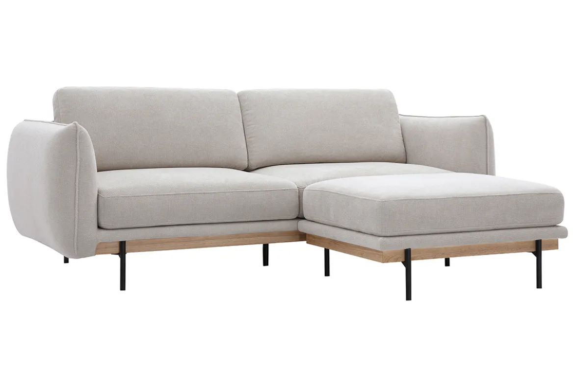Canapé design 3 places et repose-pieds en tissu chenille beige et métal noir TODD