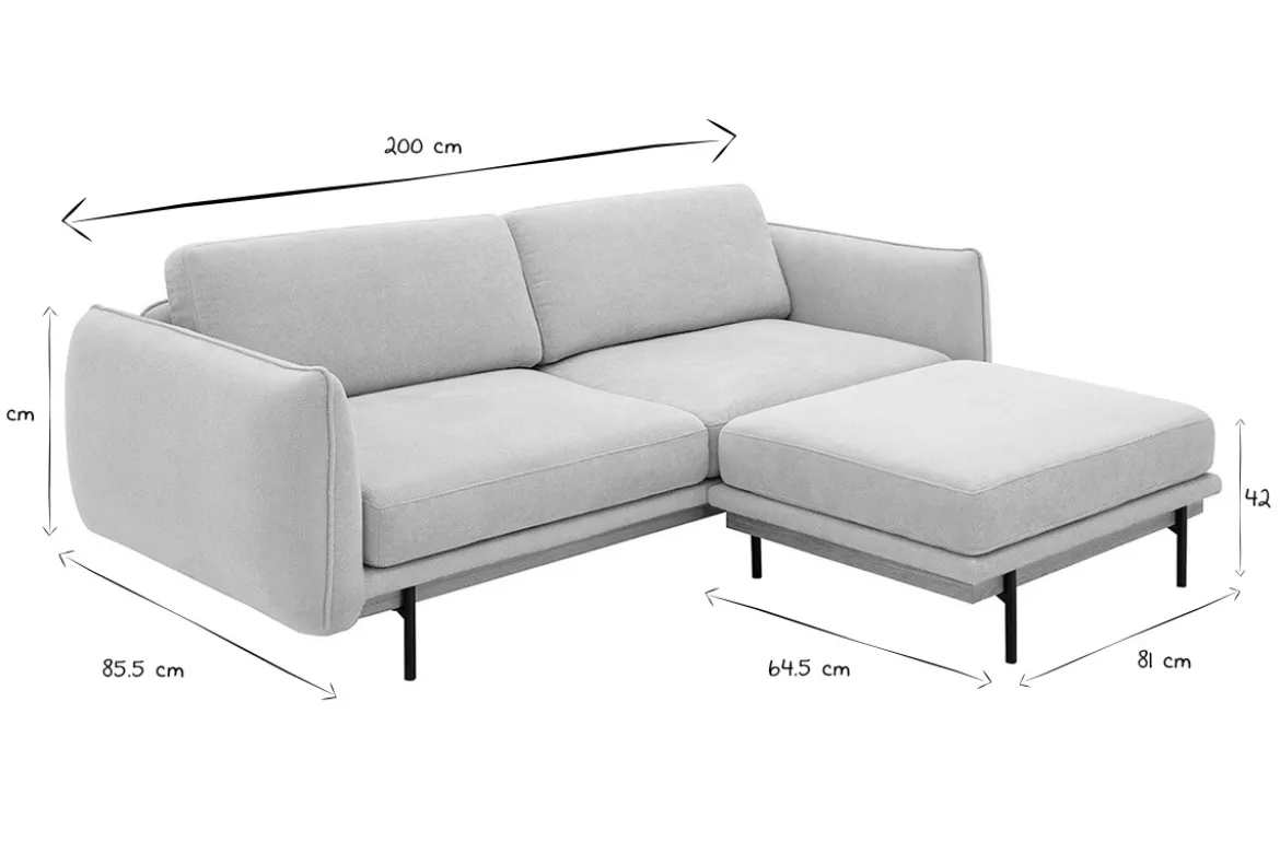 Canapé design 3 places et repose-pieds en tissu chenille beige et métal noir TODD