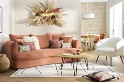 Canapé déhoussable 3-4 places design haricot en tissu effet velours terre brûlée SACHA