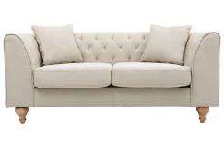 Canapé 2 places capitonné en tissu beige et bois clair MONTAIGNE
