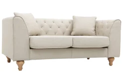 Canapé 2 places capitonné en tissu beige et bois clair MONTAIGNE