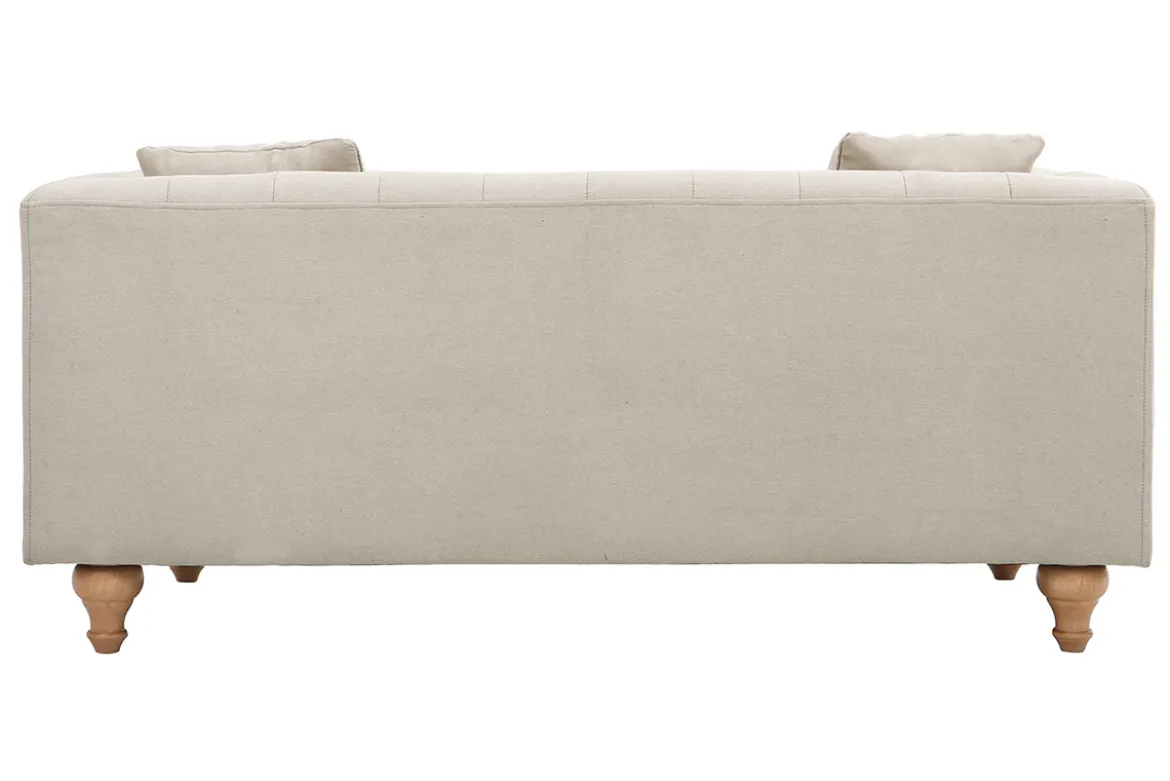 Canapé 2 places capitonné en tissu beige et bois clair MONTAIGNE