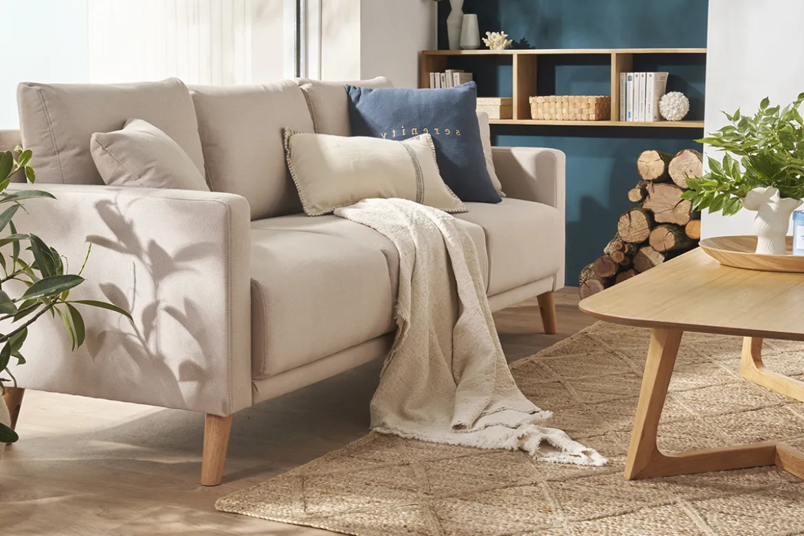 Canapé 3 places en tissu beige et bois clair MUNIK