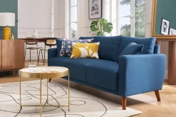 Canapé 3 places en tissu bleu foncé et bois foncé MUNIK