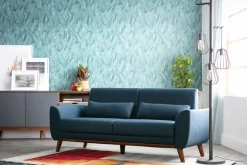 Canapé 3 places en tissu bleu foncé et bois foncé EKTOR