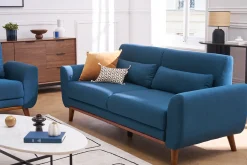 Canapé 3 places en tissu bleu foncé et bois foncé EKTOR