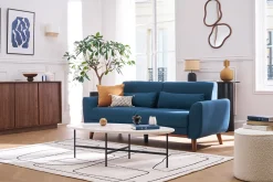Canapé 3 places en tissu bleu foncé et bois foncé EKTOR
