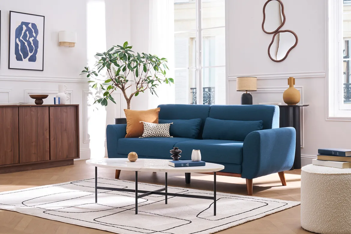 Canapé 3 places en tissu bleu foncé et bois foncé EKTOR