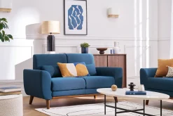 Canapé 2 places en tissu bleu foncé et bois foncé EKTOR