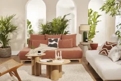 Canapé 3 places en tissu effet velours texturé terre brûlée et bois clair L200 cm ODEON