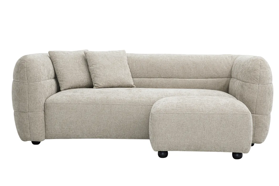 Canapé 3 places et repose pieds en tissu effet velours texturé beige JOYA