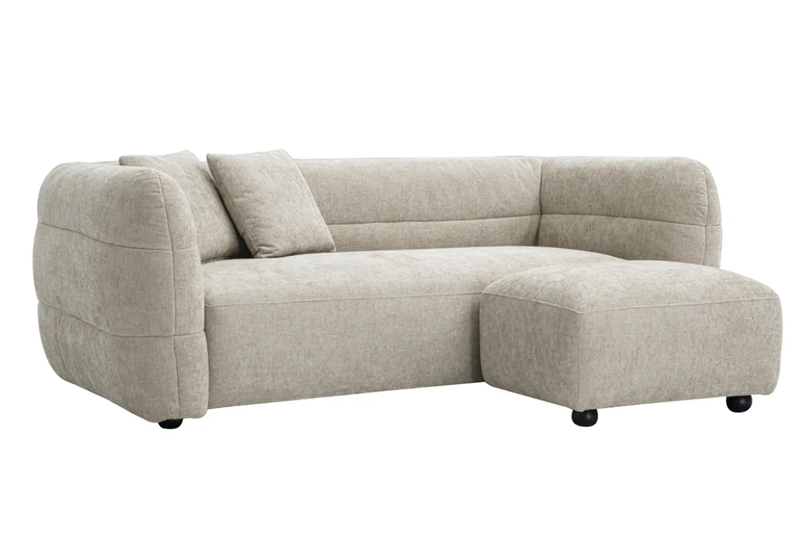 Canapé 3 places et repose pieds en tissu effet velours texturé beige JOYA