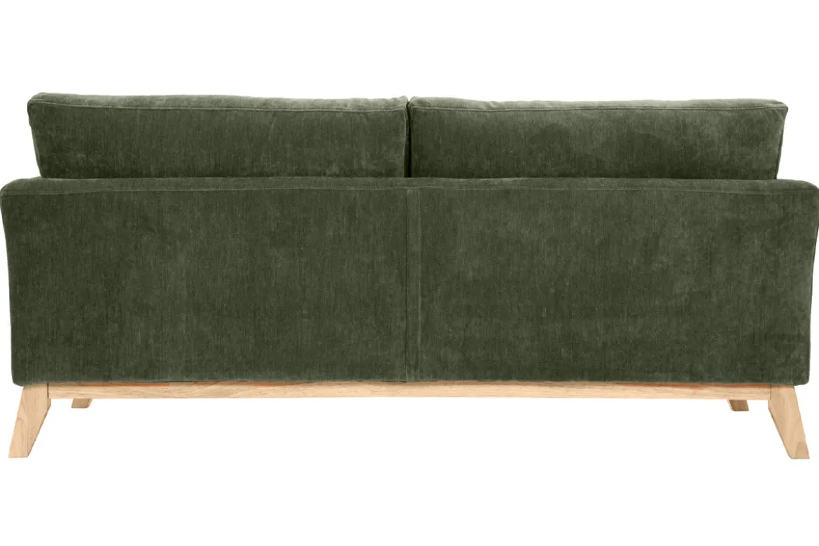 Canapé scandinave déhoussable 3 places en tissu effet velours vert kaki et bois clair OSLO