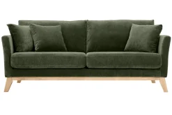 Canapé scandinave déhoussable 3 places en tissu effet velours vert kaki et bois clair OSLO