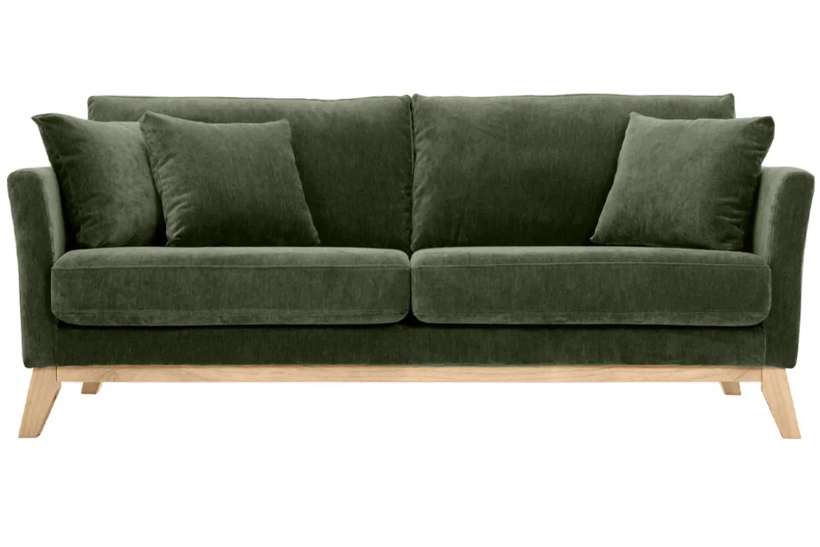 Canapé scandinave déhoussable 3 places en tissu effet velours vert kaki et bois clair OSLO