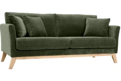 Canapé scandinave déhoussable 3 places en tissu effet velours vert kaki et bois clair OSLO