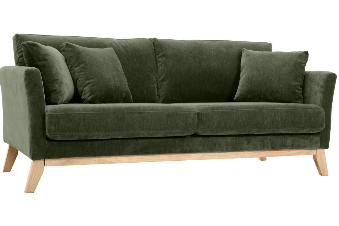 Canapé scandinave déhoussable 3 places en tissu effet velours vert kaki et bois clair OSLO