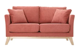 Canapé scandinave déhoussable 2 places en tissu effet velours texturé terracotta et bois clair OSLO