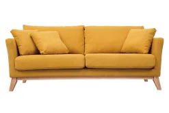 Canapé scandinave déhoussable 3 places en tissu effet velours jaune moutarde et bois clair OSLO