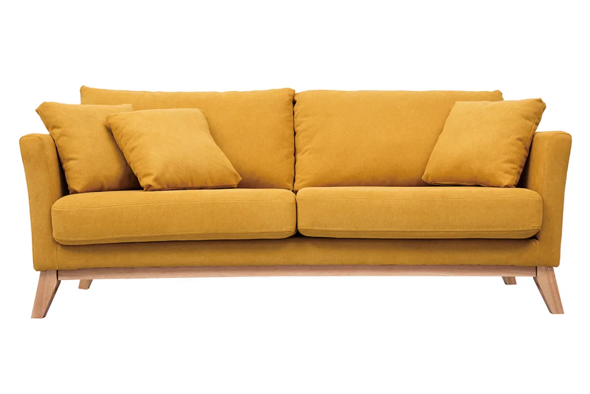 Canapé scandinave déhoussable 3 places en tissu effet velours jaune moutarde et bois clair OSLO