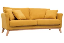 Canapé scandinave déhoussable 3 places en tissu effet velours jaune moutarde et bois clair OSLO