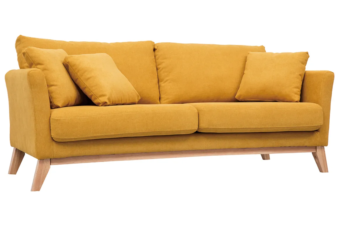 Canapé scandinave déhoussable 3 places en tissu effet velours jaune moutarde et bois clair OSLO