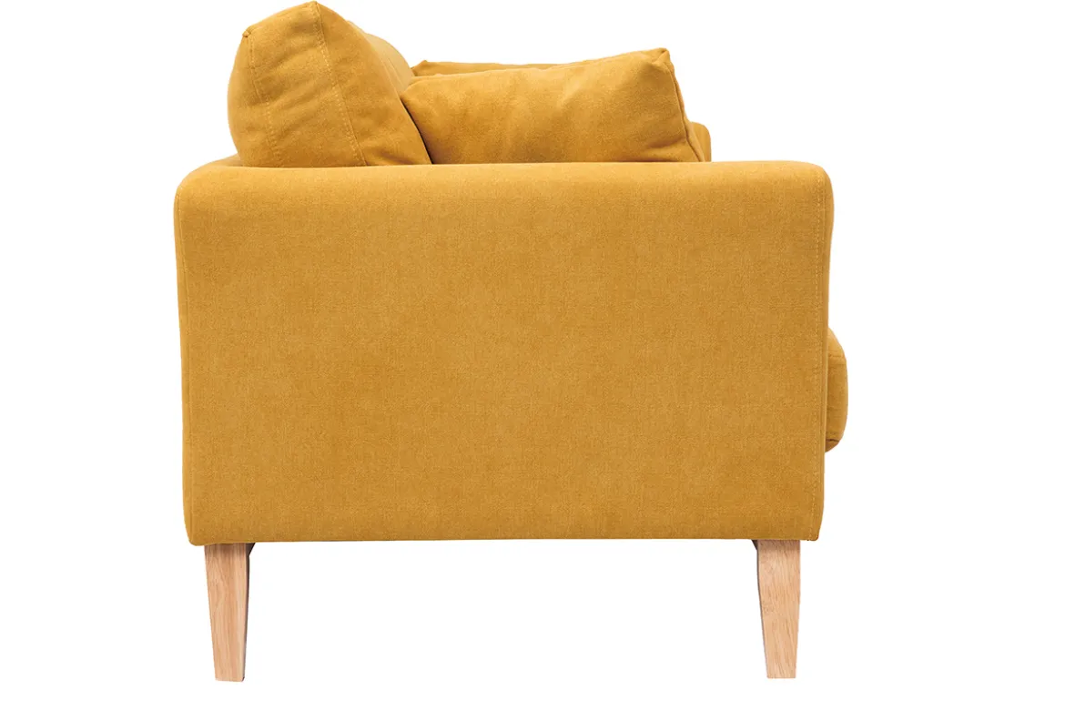 Canapé scandinave déhoussable 3 places en tissu effet velours jaune moutarde et bois clair OSLO
