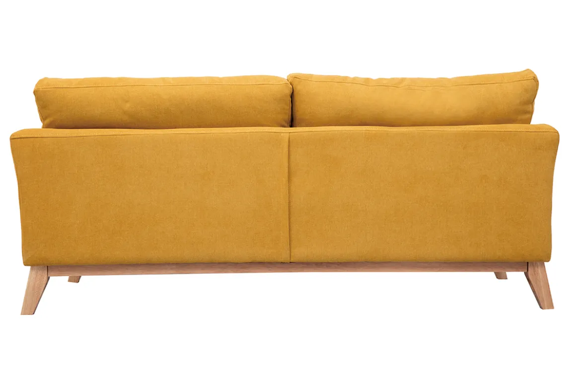 Canapé scandinave déhoussable 3 places en tissu effet velours jaune moutarde et bois clair OSLO