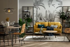 Canapé scandinave déhoussable 3 places en tissu effet velours jaune moutarde et bois clair OSLO