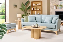 Canapé scandinave déhoussable 3 places en tissu vert lagon et bois clair OSLO