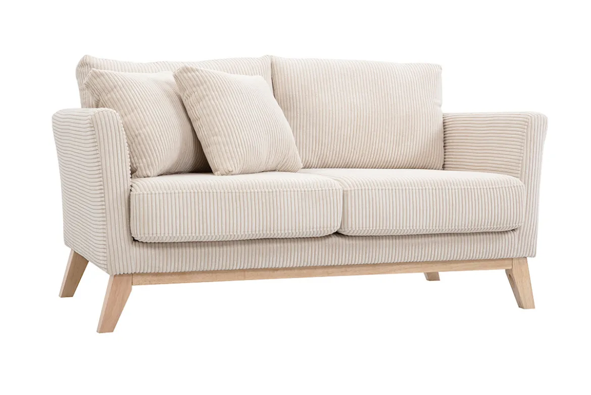 Canapé scandinave déhoussable 2 places en tissu velours côtelé beige et bois clair OSLO